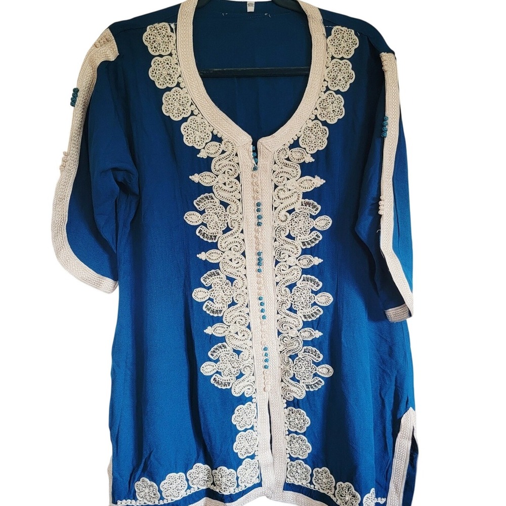 Embroidered Moroccan Kaftan Tunic Beaded Accents Handmade Vintage Top XXL‎